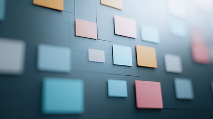 Sticker - Abstract Blocks: A close-up of a  wall of colorful and varied sized  abstract blocks arranged in a grid pattern against a dark gray background.  The squares have a soft focus and depth.