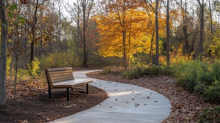 Wall Mural - A serene autumn park bench sits by a winding path, surrounded by trees adorned in shades of yellow, orange, and red