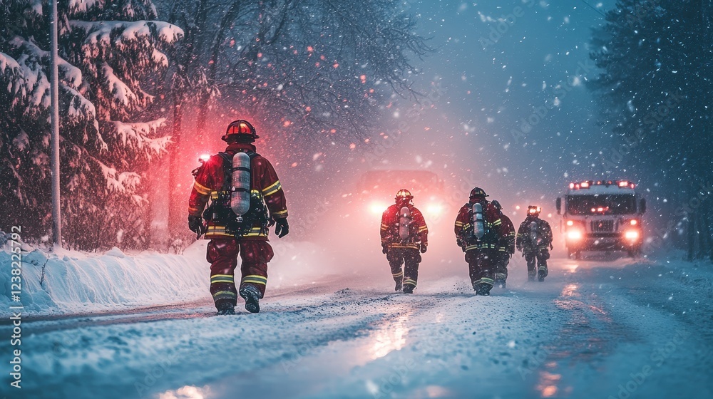 Firefighters walk in snowy blizzard towards firetruck. Image depicts ...