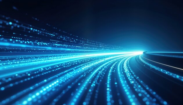 Abstract blue light lines show speed, movement. Dynamic curved paths suggest futuristic tech, innovation. Digital light particles create visual effect of fast motion. Modern design for tech concepts.