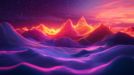 Wall Mural - abstract landscape with bright neon mountains illuminated with orange and pink lights under a starry