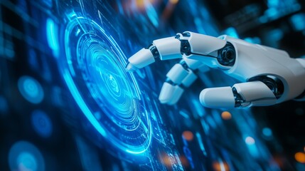 Leinwandbilder - A robotic hand reaches out to interact with a glowing digital interface, symbolizing advanced technology and human-machine interaction.