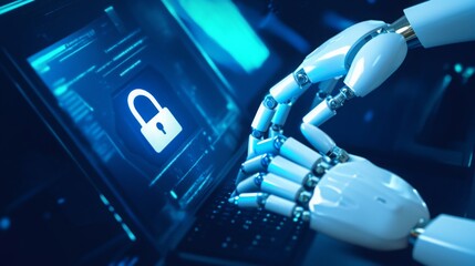 Poster - A robotic hand interacts with a laptop displaying a digital lock symbol, symbolizing cybersecurity and advanced technology.