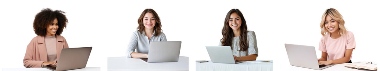 Wall Mural - Diverse women using laptops png cut out element set, transparent background