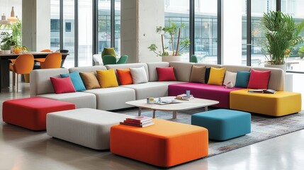 Poster - spacious, modern office lounge with a large couch, vibrant cushions, and a coffee table, creating a welcoming break area