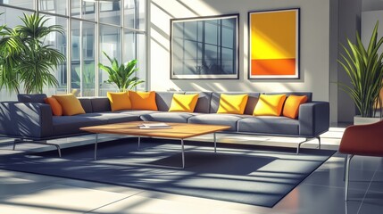 Poster - spacious, modern office lounge with a large couch, vibrant cushions, and a coffee table, creating a welcoming break area