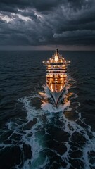 Aufkleber - An aerial view of the liner forging ahead through the dark sea, storm clouds swirling above, its illuminated decks forming a beacon of warmth and safety.