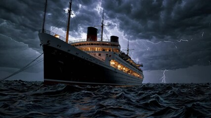 Aufkleber - A moody, moonlit composition featuring the ocean liner’s silhouette outlined by lightning, the soft glow of its interior lights dancing on the swirling waves.