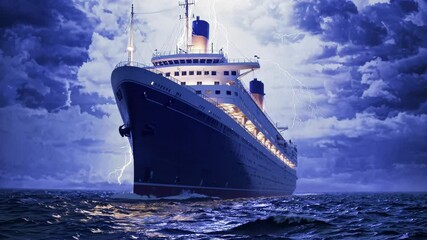 Aufkleber - A high-contrast image highlighting the liner’s elegant design, deck lamps cutting through dense fog as thunder rumbles across the stormy horizon.