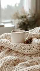 Aufkleber - A steaming cup of coffee rests on a soft, knitted blanket, inviting warmth and comfort on a chilly morning. Natural light filters through the window, enhancing the serene atmosphere