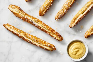 Wall Mural - Neatly Arranged Pretzel Sticks Thin, salted pretzel sticks laid out on a marble slab, showing off a glossy brown finish.