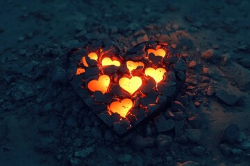 Poster - glowing heart amidst broken hearts on rocky ground with soft light emitting from heart shape for abs