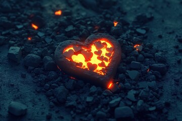 Poster - glowing heart surrounded by broken hearts in dark mysterious environment with raw textures and fiery