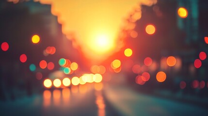 Aufkleber - As the sun sets, the warm hues blend in the sky above a bustling city, while vibrant lights twinkle like stars amidst the blurred motion of life below, creating an enchanting atmosphere
