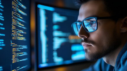 Focused developer coder wears glasses working on computer looking at programming code data cyber security digital tech reflecting in spectacles developing software program, focus on eye close up view.