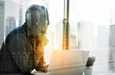 Poster - Businessman, city overlay and laptop for planning, internet research and social networking. Stock exchange, thinking and double exposure of person with digital tech, online trading and connection