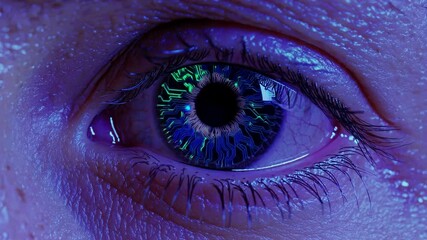 Fototapete - A richly detailed shot highlighting the iris’s swirling pattern of glowing, circuit-like lines, evoking futuristic cybernetic enhancements.