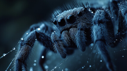 Close-up of a spider, intricate details of furry legs and shiny black eyes, thin strands of spider web glistening with morning dew