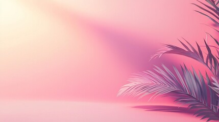 Poster - Soft pastel hues of pink and yellow blend seamlessly, creating an enchanting backdrop. Palm leaves extend elegantly, casting delicate shadows that enhance the serene atmosphere