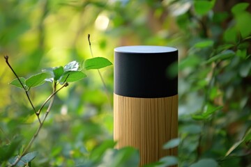 Sticker - Stylish wooden and black lamp post amidst lush green foliage. Perfect for landscaping, nature, or outdoor design projects.