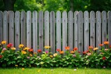 A weathered wooden fence lined with colorful flowers and shrubs, blooms, shrubs, greenery