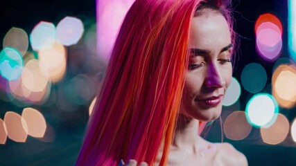 Poster - A mid-range portrait emphasizing the contrast between her bright hair and a faint, multi-colored bokeh from the city’s neon signs.