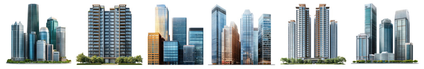 Wall Mural - Modern urban skyscraper skyline illustration, PNG element set on transparent background