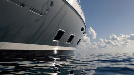 Aufkleber - A side-angle shot capturing the yacht’s sleek profile and reflective finish, gliding over gentle waves under a serene, cloud-filled sky.