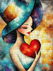 Poster - Valentine's Day meets cubism in a cosmic romance. Colorful Abstract Art of Woman Holding Red Heart