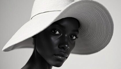 Monochrome elegance: A woman's captivating gaze, framed by a wide-brimmed hat, exudes timeless beauty and grace.