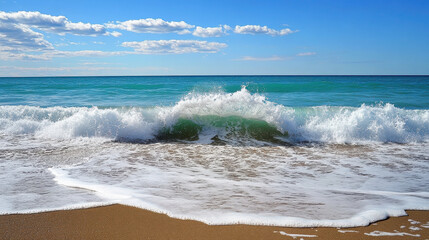 Wall Mural - A tranquil beach scene with waves crashing onto the shore under a clear blue sky.