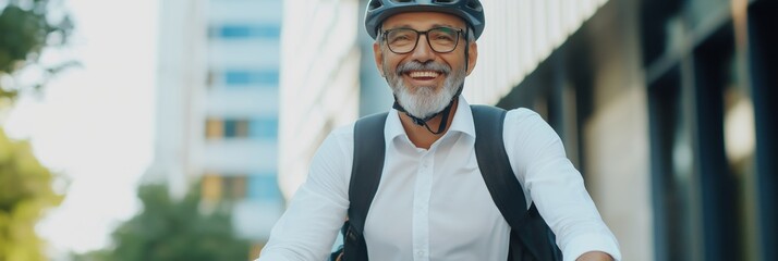 Wall Mural - A man wearing a helmet and glasses is smiling while riding a bicycle. Concept of happiness and freedom, as the man is enjoying his time outdoors and engaging in a healthy activity