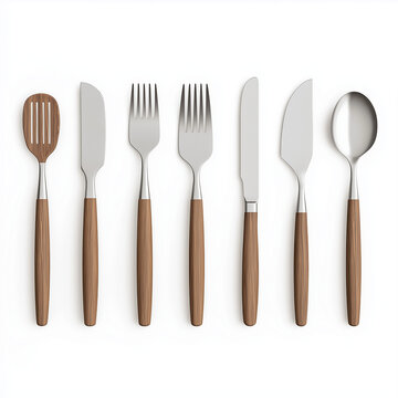 A set of kitchen utensils, home accessory element, photorealistic 3D rendering, stainless steel with wooden handles, isolated on white background