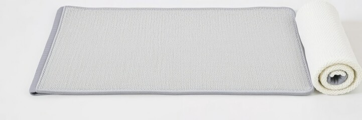 Wall Mural - Rolled up gray bath mat with a textured surface on a white background, clean, fabric, bath mat