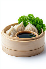 Wall Mural - Floating steamed dumplings with dipping sauce, isolated on white background.