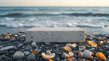 Aufkleber - As the sun begins to set, gentle waves caress the shoreline, revealing a blend of smooth stones and vibrant seashells scattered across the sands, creating a tranquil coastal landscape