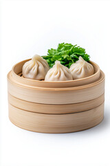 Wall Mural - Floating steamed dumplings with dipping sauce, isolated on white background.