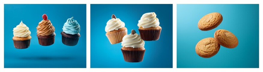 Poster - Assortment of delicious cupcakes and cookies floating against a vibrant blue backdrop.  A tempting image showcasing sweet treats.