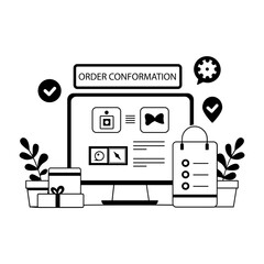 A glyph illustration of a computer screen showing an order confirmation page
