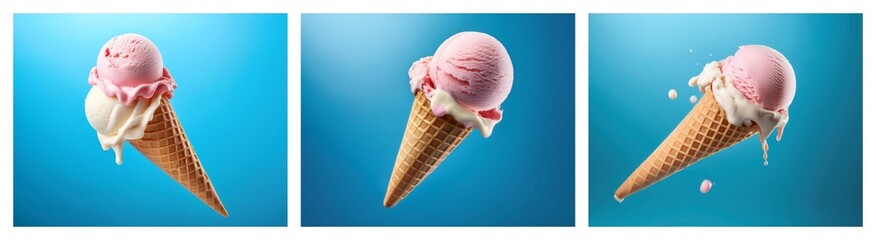 Poster - Three ice cream cones with melting scoops of pink and white ice cream against a blue background.  Sweet summer treat.