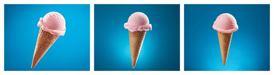 Poster - Three pink ice cream cones against a vibrant blue backdrop.  A refreshing summer treat, perfect for a hot day.