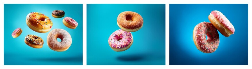 Aufkleber - A vibrant trio of images showcases assorted donuts in mid-air against a bright blue backdrop.  Each image features several donuts of different colors and toppings, creating a delightful and appetizing