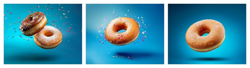 Poster - Three delicious donuts levitate against a vibrant blue backdrop, sprinkled with colorful confetti.  A sugary treat, perfect for any celebration.