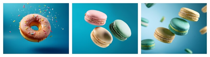 Poster - A vibrant image showcasing the delightful dance of pastries against a blue backdrop. Donuts and macarons float, creating a tempting visual treat. Sprinkles add a touch of whimsy.