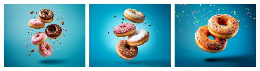Aufkleber - Three images showcase various donuts in mid-air against a vibrant blue backdrop, sprinkled with confectionery bits.  A delightful, sweet treat.