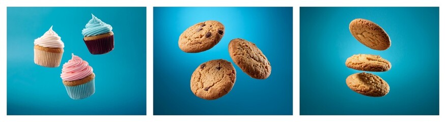 Aufkleber - Airborne cupcakes and chocolate chip cookies on a blue background.  Sweet treats in mid-air, suggesting lightness and deliciousness.