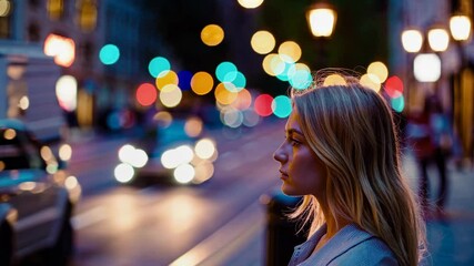 Poster - A street-level scene where bright bokeh circles from passing cars and streetlamps frame her profile, her blonde hair softly drifting in a light breeze.