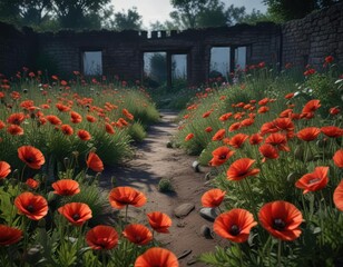 Red Poppy Flowers in a Dark, Abandoned Garden , atmospheric, haunting