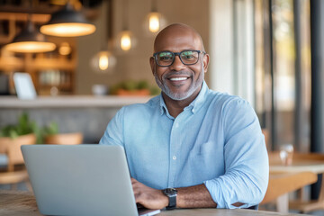 Wall Mural - Senior Businessman smiling while working on laptop