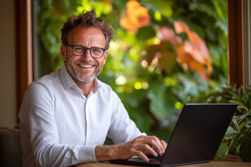 Wall Mural - Senior Businessman smiling while working on laptop